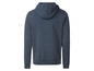 Een donkerblauwe hoodie met capuchon.