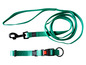 Een groene hondenriem en halsband met een kliksluiting van het merk Ruffwear.