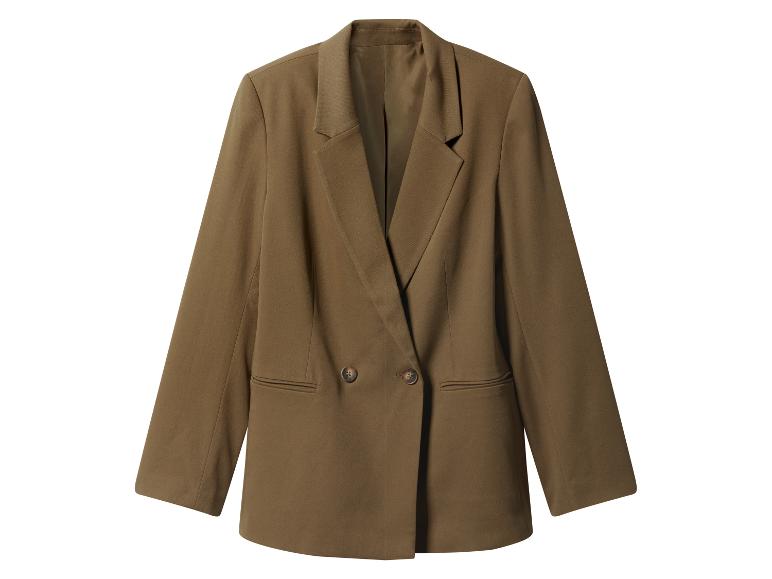 Een olijfbruine double-breasted blazer met inkepingen en klepzakken.