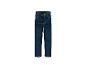 Donkerblauwe kinderjeans met oranje stiksels.