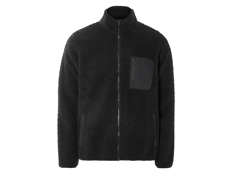 Een zwarte fleecejas met ritssluiting.