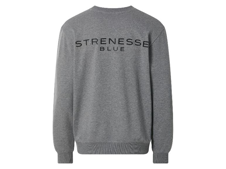 Grijze sweater met de tekst 'STRENESSE BLUE' op de rug.