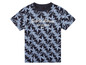 Een blauwe T-shirt met korte mouwen met een palmbomenprint en 'Palms Beach' erop.