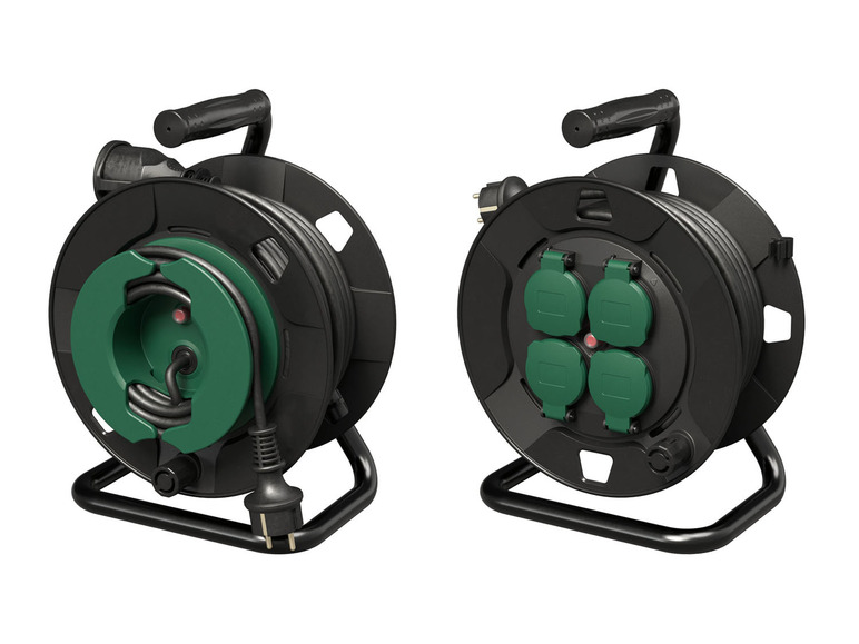 Twee zwarte kabelhaspels met groene stopcontacten.