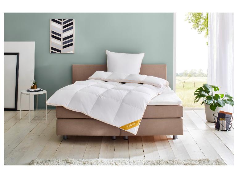Slaapkamer met een bed, wit dekbed en kussen, bijzettafel en plant.