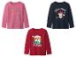 Drie shirts met lange mouwen: roze Disney Belle, marineblauwe Minnie Mouse en rode Paw Patrol.