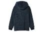 Donkerblauwe fleece hoodie met capuchon en elastische manchetten.