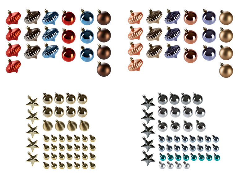 Kerstversiering met rode, blauwe, gouden en zilveren kerstballen, sterren en draaiers