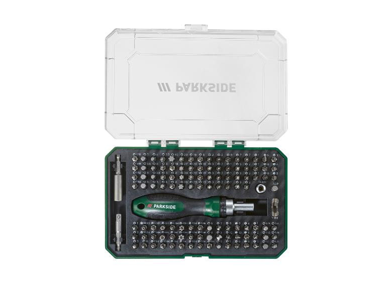 Een precisieschroevendraaierset met een grote verscheidenheid aan bits en een ergonomische handgreep, gepresenteerd in een transparante doos.
