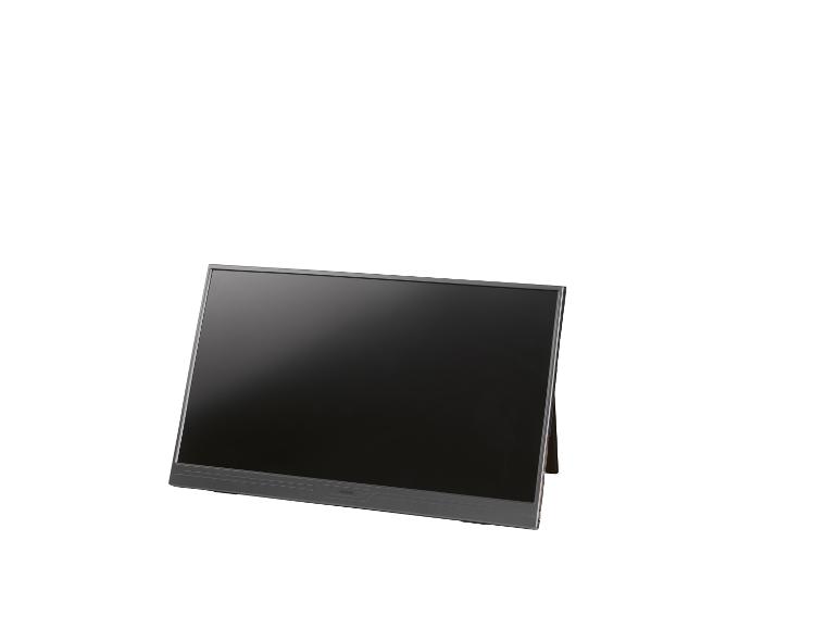 Zwarte draagbare monitor met donker scherm, staand op een standaard.