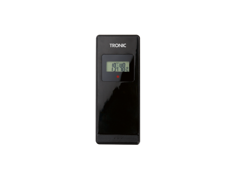 Zwarte draadloze buitensensor met temperatuur- en vochtigheidsweergave