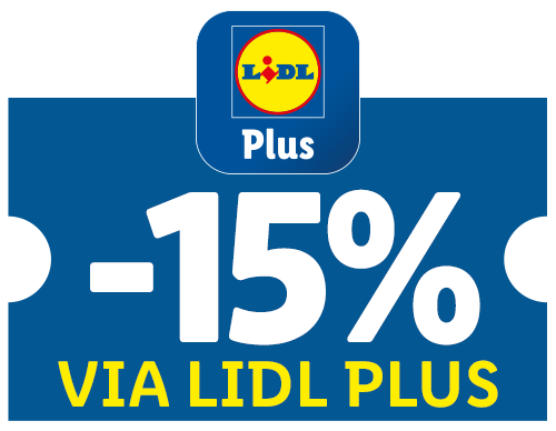 Blauw label met de tekst -15% via de loyaliteitsapp