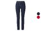 Donkerblauwe high-waist skinny jeans voor dames, met donkerblauwe en rode kleurstalen.