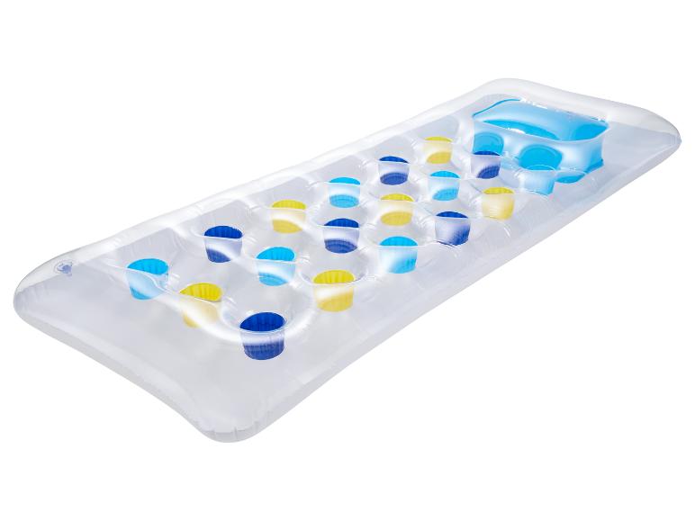 Transparant opblaasbaar zwembadbed met geïntegreerde bekerhouders.