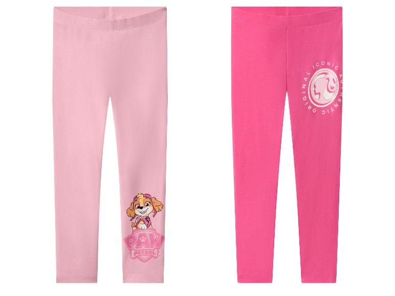Twee kinderleggings: één lichtroze met Skye van Paw Patrol en één donkerroze met een Barbie-logo.