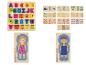 Houten puzzels met alfabetletters, cijfers en kinderfiguren.