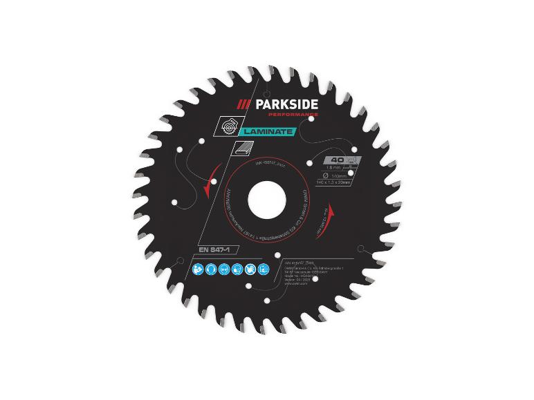 Een Parkside Performance cirkelzaagblad voor laminaat, met specificaties en veiligheidspictogrammen.