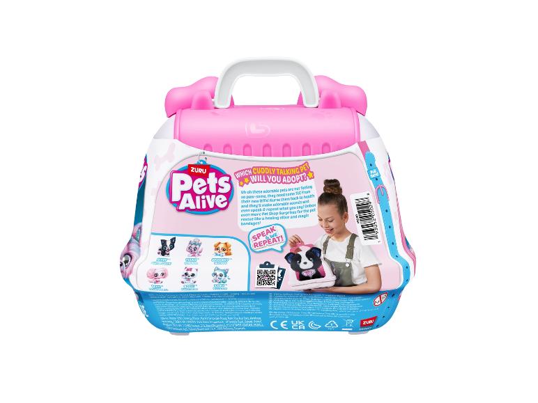Roze Pets Alive speelgoedverpakking, met een meisje dat een puppy vasthoudt en diverse pluche dieren.