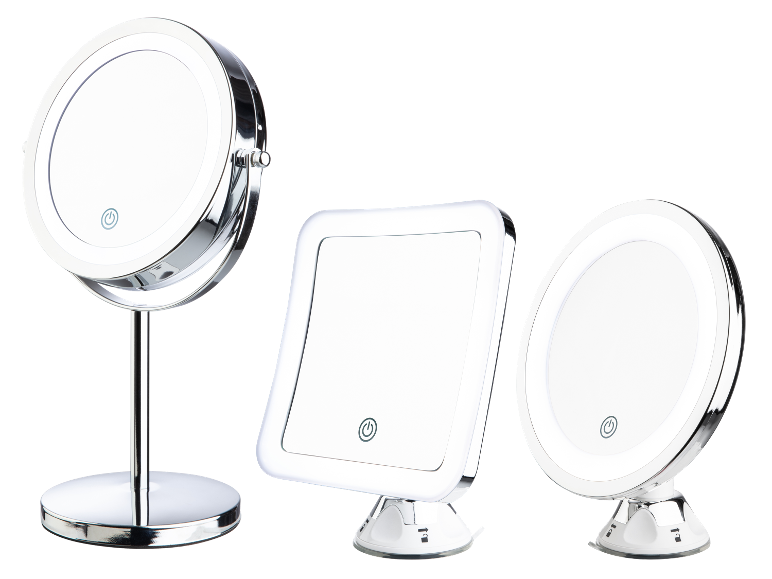 Drie LED-verlichte make-upspiegels.