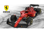 Rode racewagen op het circuit met zichtbaar logo en sponsors.
