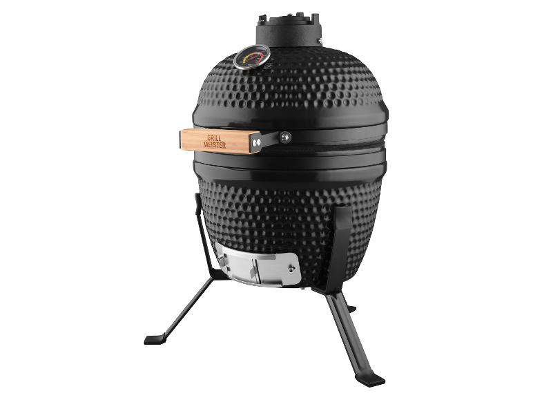 Zwarte kamado grill met de tekst 'GRILL MEISTER' op het handvat.