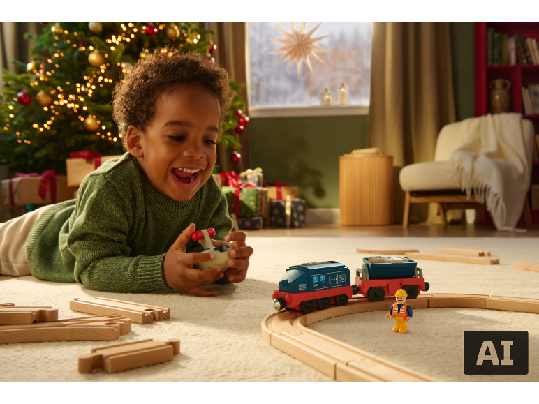 Blij kind speelt met een speelgoedtrein op kerstochtend.