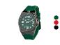 Groen herenhorloge met een donkergrijze kast en een groen rubberen bandje.