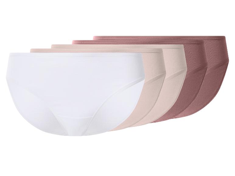 Verpakking van vijf damesonderbroeken in wit, beige en roze-bruin.