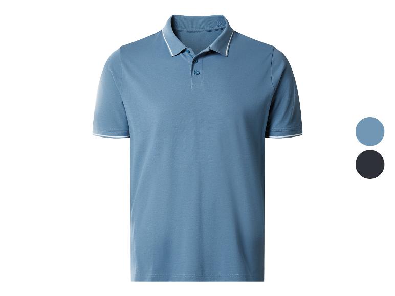 Blauwe poloshirt met korte mouwen en witte strepen op de kraag en mouwen, met kleuropties.