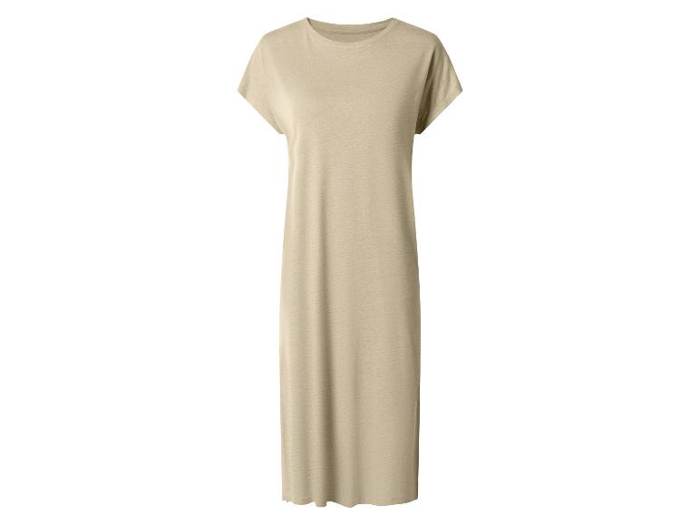 Beige dames maxi-jurk met korte mouwen en ronde hals.
