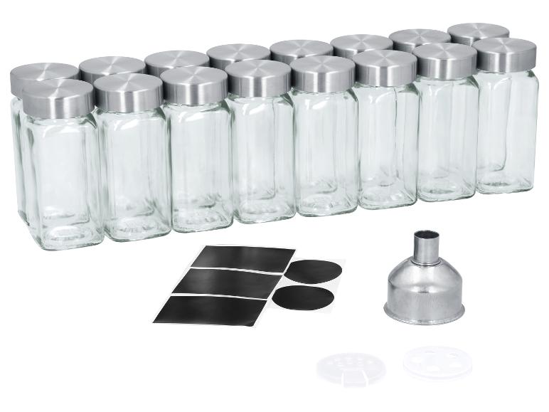 Set glazen kruidenpotjes met metalen deksels, trechter, etiketten en strooiers.