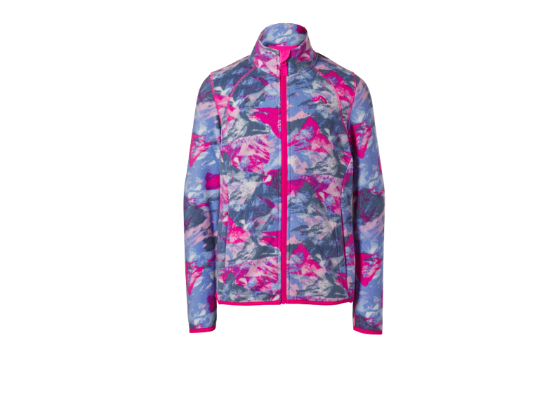 Kinderfleecejack met kleurrijk abstract patroon en fuchsia rits.