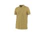 Mosterdgele herenpoloshirt met korte mouwen en kraag met witte strepen.