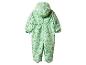 Lichtgroene kinderoverall met capuchon en bosdierenprint.