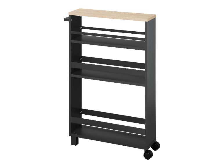 Een hoge, smalle plank in donkergrijs met een houten blad.