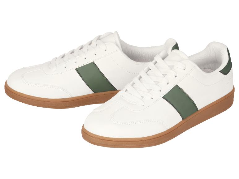 Witte sneakers met groene strepen en bruine zool