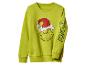 Lichtgroene sweater met de Grinch die een kerstmuts draagt en de tekst „GRINCH” op de mouw.