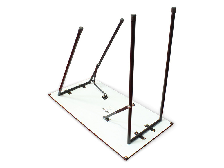 De onderkant van een vouwtafel met metalen poten.