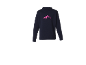 Donkerblauwe coltrui met roze bergprint.