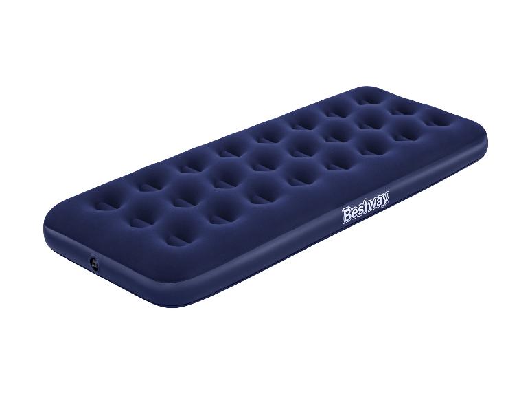 Donkerblauw Bestway luchtbed met gevlokt oppervlak en luchtventielen.