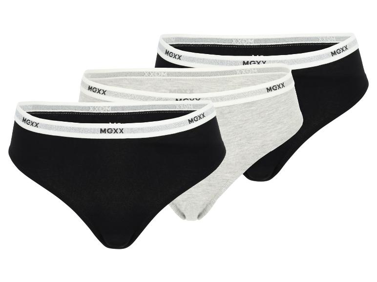 Drie paar MGXX damesonderbroeken in zwart en grijs met een witte en zilveren tailleband.