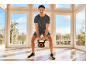 Man in sportkleding traint met een kettlebell in een lichte kamer.