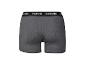 Grijze herenboxershort met zwarte elastische tailleband en witte tekst.