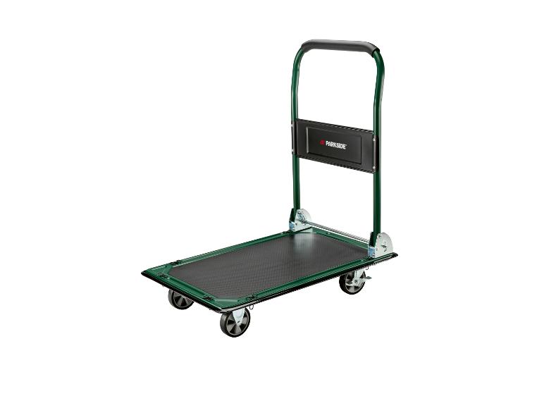 Groene opvouwbare platformwagen met zwart antislipoppervlak en wielen