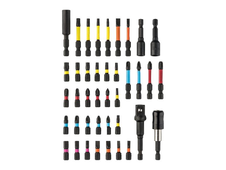 Een set schroevendraaierbits en slagadapters in verschillende kleuren en maten.