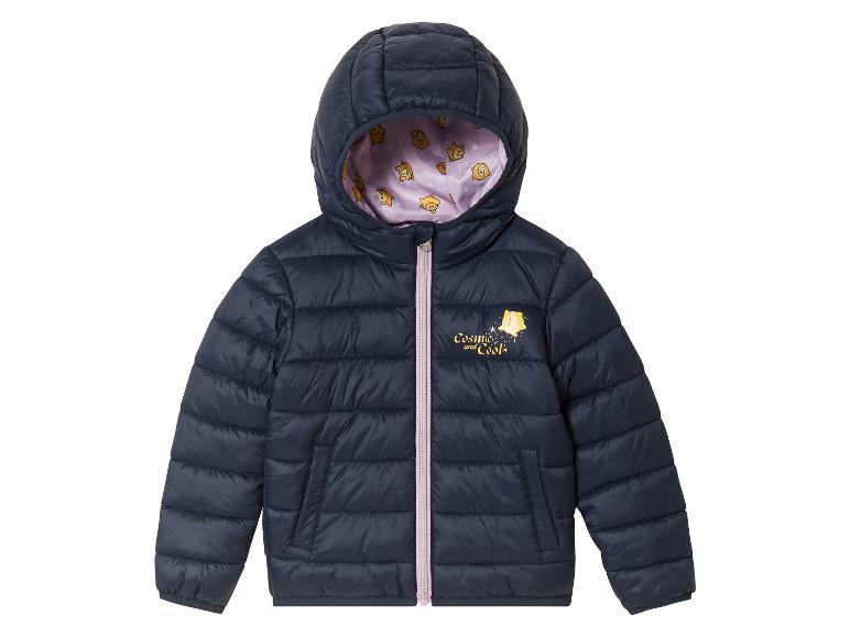 Een donkerblauwe gewatteerde jas voor meisjes met de tekst 'Cosmic and Cool'.