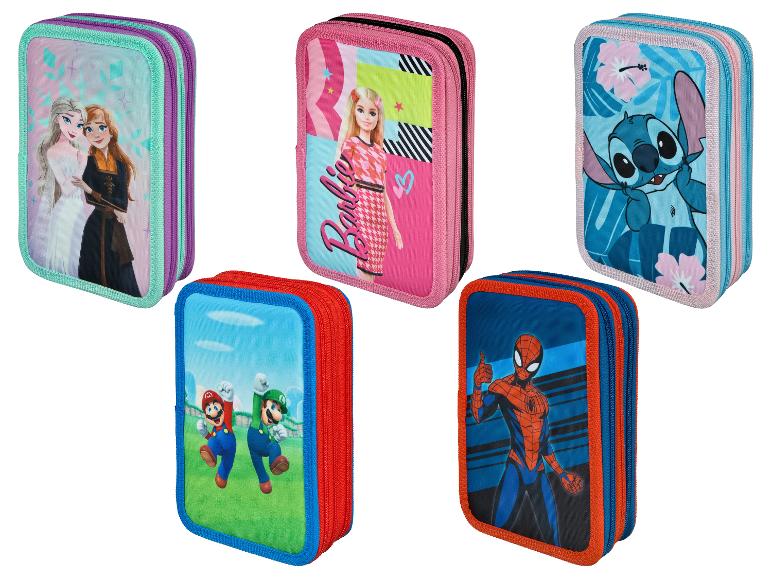 Schoolpennenkokers met Disneyfiguren, Barbie, Stitch, Mario en Spiderman.