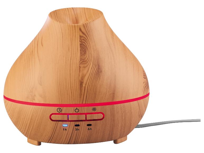 Houtkleurige aromadiffuser met rode band en knoppen voor timer en licht