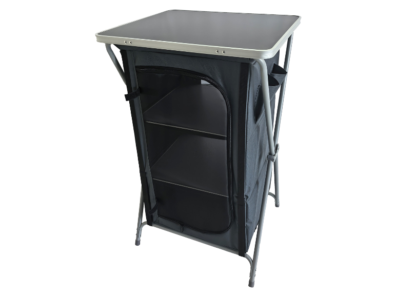 Opvouwbare campingkast met zwart tafelblad en drie planken.