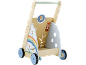 Houten babywalker met activiteitenbord, uil, vos, regenboog en vormensorteerder.